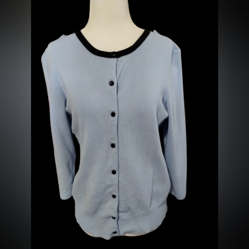 NWOT Worthington Long Sleeve Blue Cardigan with Black Accents Button Down Size L